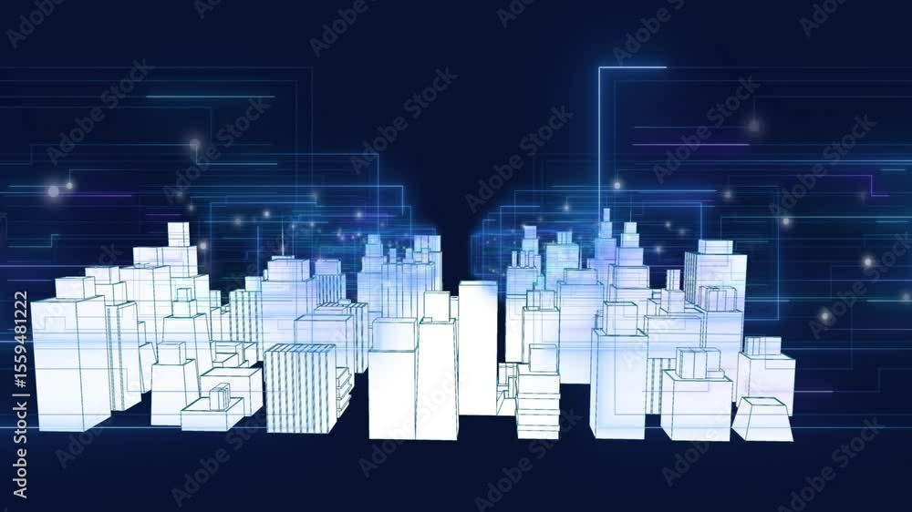Poster wireframe cityscape emerging from circuit grid, camera orbiting and panning model visualizing data