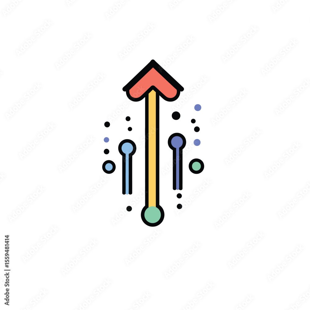 Poster isolated upward arrow symbol with line and dots, modern art on white background