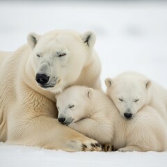 Fototapeta premium Polar Bear Cubs Dreamily Resting with Mother