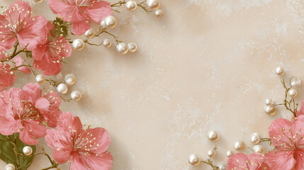 Fototapeta premium Cute background wallpaper with pink flowers and pearls