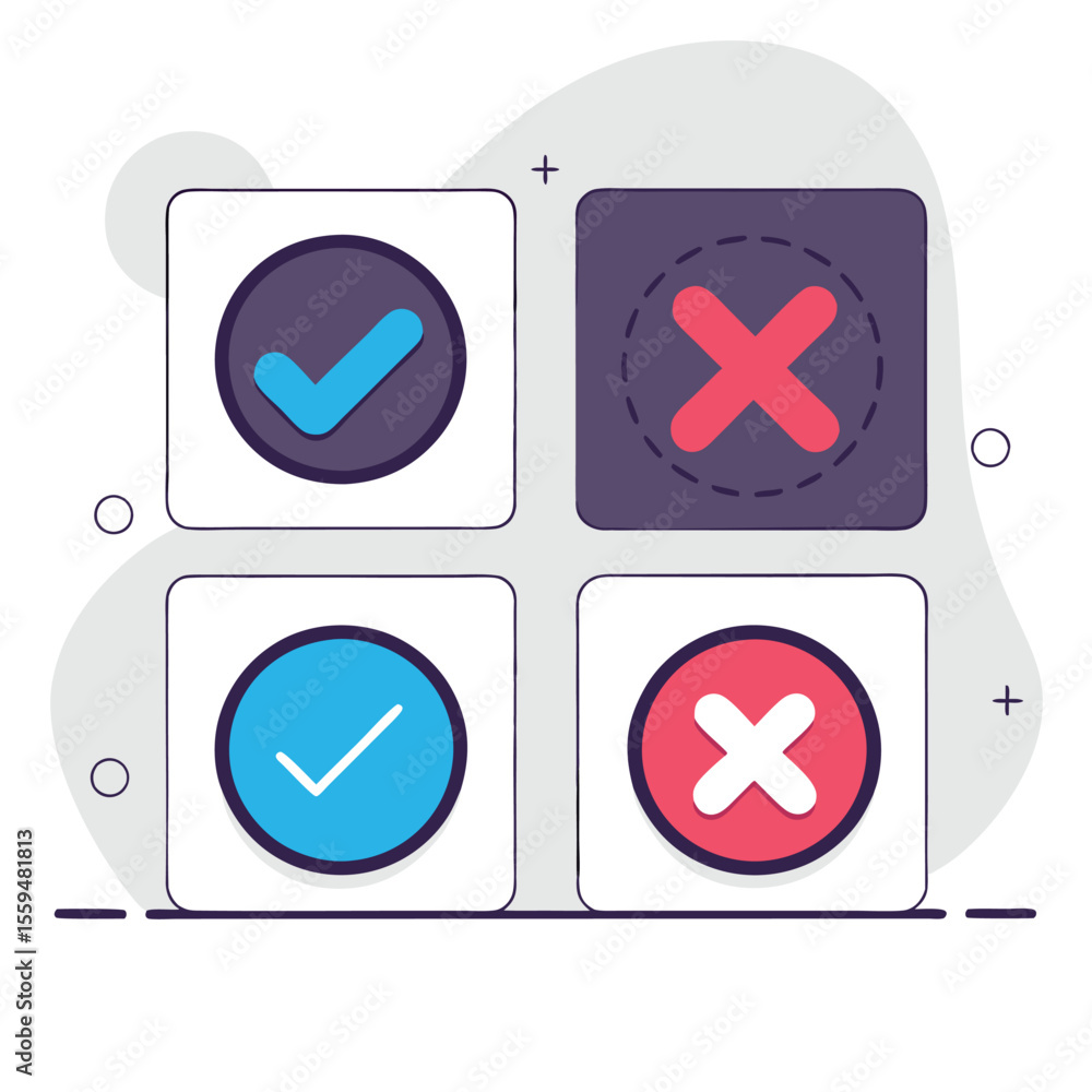 Poster four checkmark and cross icons in boxes for yes no choices