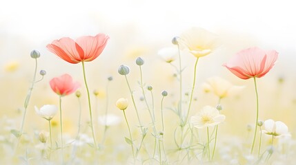 Pastel Poppies and Flowers Meadow Soft Spring Bloom