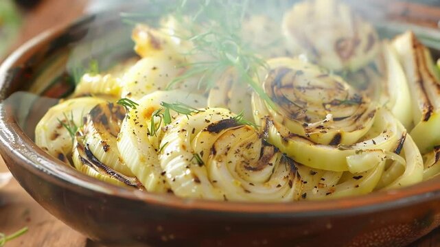 Grilling fennel slices with dill and spices in a rustic bowl on wood, creating a healthy, flavorful vegetarian dish