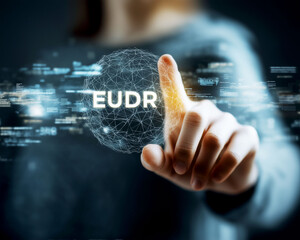 EUDR. Businesswoman explaining EUDR on digital screen in a professional setting.