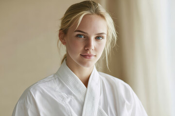 portrait of massage therapist standing calmly by window soft light highlighting relaxation and harmony