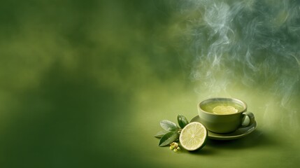 Refreshing lime juice with slices and mint leaves in a green cup on vibrant green background ideal for healthy drinks and summer beverages