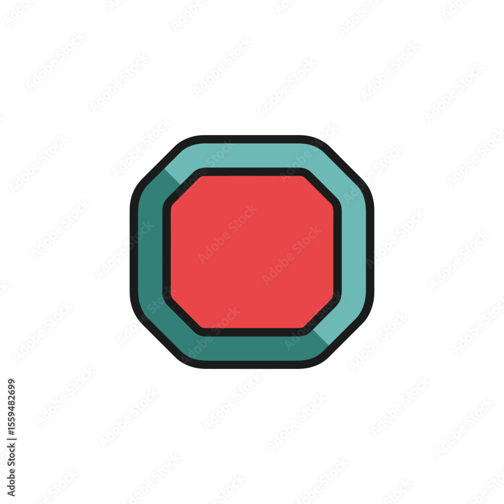 Poster octagonal shape filled with red and turquoise border on white background
