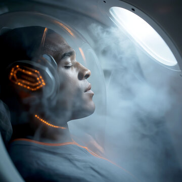 HBOT. Hyperbaric Oxygen Therapy. Oxygen. Side profile of athlete in HBOT chamber