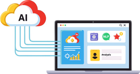 AI Cloud Connected to Laptop Displaying Machine Learning and NLP Analysis
