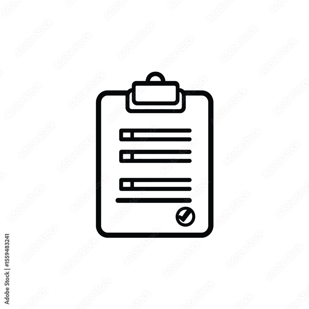 Poster outline icon of clipboard with lines and check mark on white background