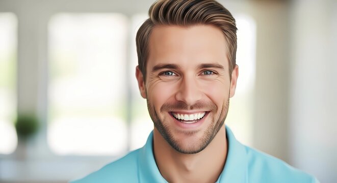 Handsome man smiling with perfect teeth and modern hairstyle in natural light