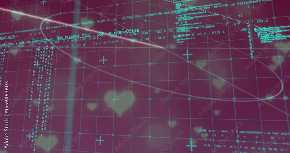 Poster opening magenta 3d grid showing floating heart lights with turquoise code cycling and flowing data