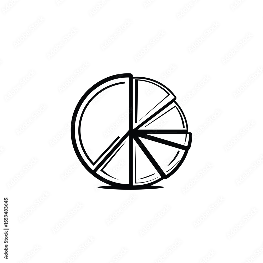 Poster outlined pie chart showing different sections, business data graph in black and white