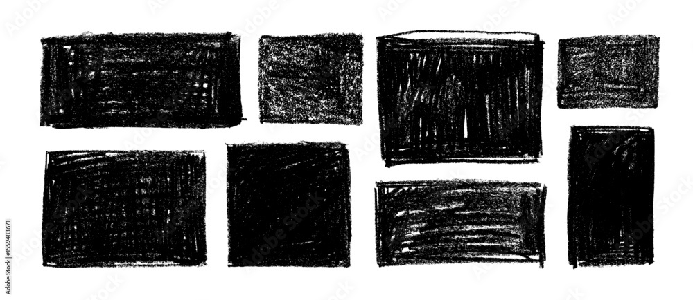 Poster Black hand drawn text boxes with crayon texture. Hand drawn rough squares and rectangles. Grunge memo stickers. Charcoal geometric basic shapes. Punk style empty squares and rectangles.