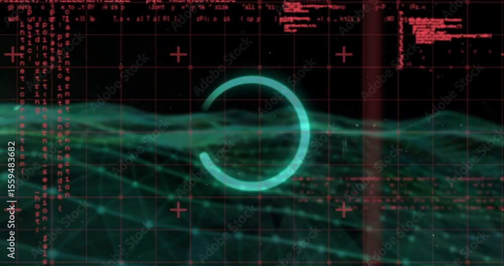 Poster green circular progress indicator rotating on arc appearing syncing with red code streams over mesh