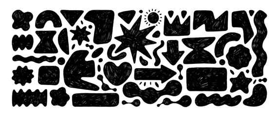 Naive funky childish shapes sticker pack with crayon texture. Hand drawn playful abstract doodle figures.
