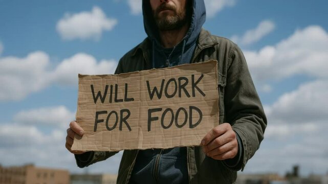 Man holding cardboard sign work for food during great depression with cloudy sky background struggle poverty homeless fight for survival and hope