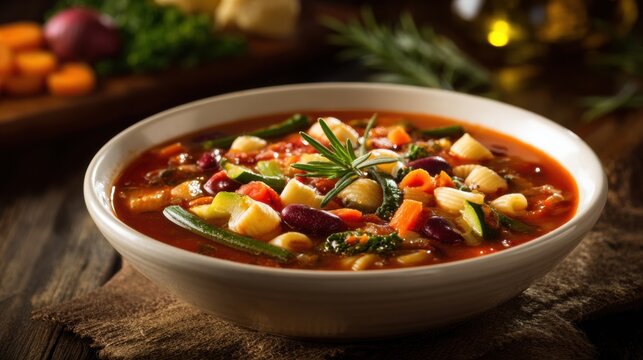 Delicious hearty vegetable mirone soup with colorful vegetables beans pasta and herbs in a white bowl on rustic wooden table for healthy meal