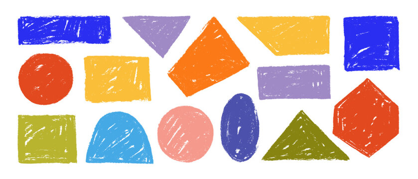 Colorful crayon drawn geometric shapes for kindergarten designs. Funky kid doodle drawings, scribble and scratch forms. Vector pencil drawn geometric figures. Vector basic shapes with rough texture.