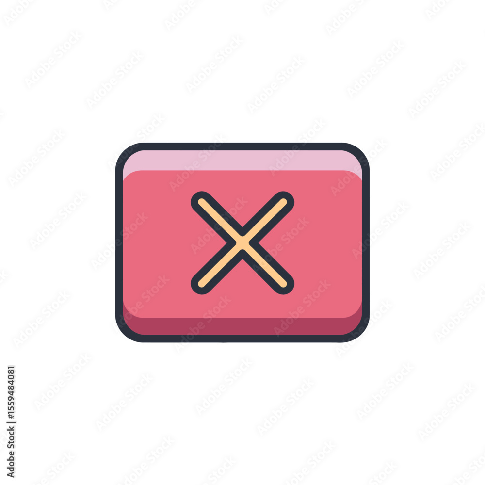 Poster pink rounded square button with x, close or delete symbol, outline and shadow