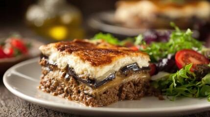 Delicious layered eggplant and ground meat casserole with melted cheese served with fresh mixed salad on a white plate in a cozy dining setting