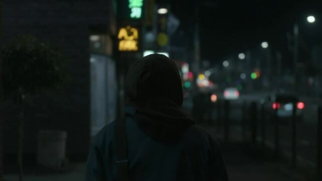 Person Walking Alone at Night in Urban Street with Dim Lighting and City Lights