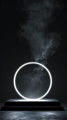 Vibrant photo of white Glowing Circle on a Dark Platform with Chalk Powder Smoke.