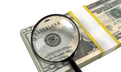Magnifying glass inspecting a stack of twenty us dollar bills on a transparent background.