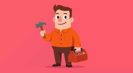 Cartoon man in orange shirt brown pants holding hammer  toolbox on pink background