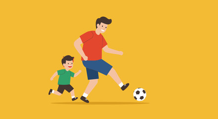 Father and son are playing soccer on a yellow background