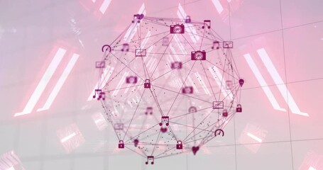 3D wireframe sphere fading into view revealing nodes and icons rotating to illustrate connectivity - Powered by Adobe