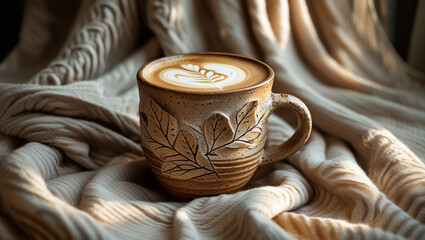 Cozy coffee latte art ceramic mug warm blanket autumn vibes beverage drink relaxation aesthetic morning