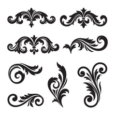 Elegant vintage art silhouette collection of ornamental design elements featuring swirls scrolls and flourishes for decorative compositions.