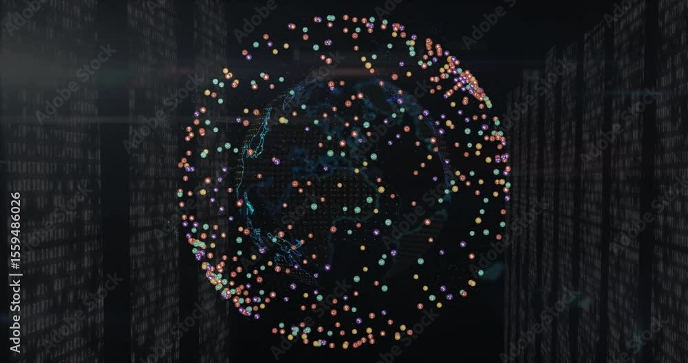 Poster On start globe rotating through Americas Asia Europe while data nodes orbiting showing data flow
