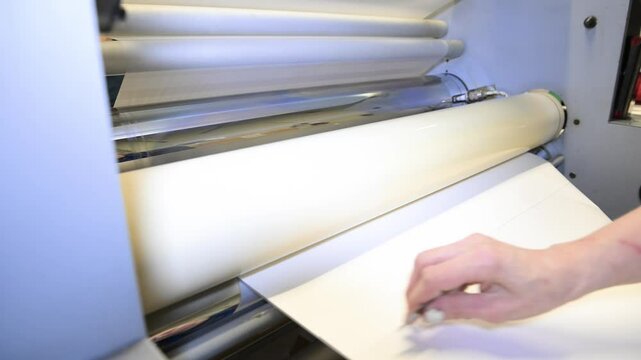 An industrial laminator works by laminating, applying a transparent film to paper in the production room of a printing house