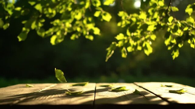 Nature's Embrace: A sunlit tableau of nature's artistry, featuring a weathered wooden table kissed by dappled sunlight and fluttering leaves, epitomizing tranquility.