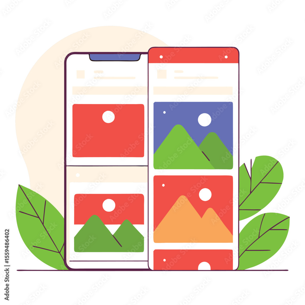 Poster modern mobile app interface design with colorful content cards and foliage elements