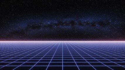 Synthwave horizon visualizer a retro futuristic grid with glowing stars and nebula atmosphere - Powered by Adobe