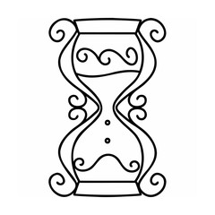 Black outline hourglass illustration with decorative swirls and dots on white background