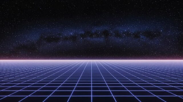 Synthwave horizon visualizer a retro futuristic grid with glowing stars and nebula atmosphere
