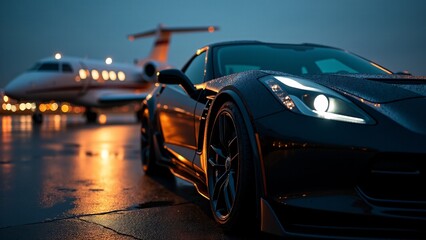 Black Corvette and Private Jet At Night