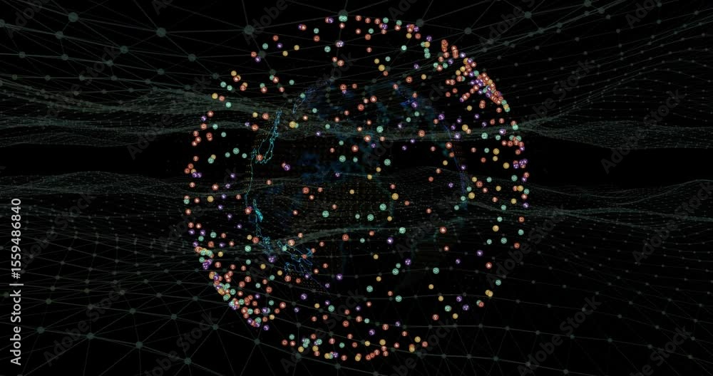 Poster wireframe globe emerging from dark void rotating pulsing colored nodes visualizing global data flow