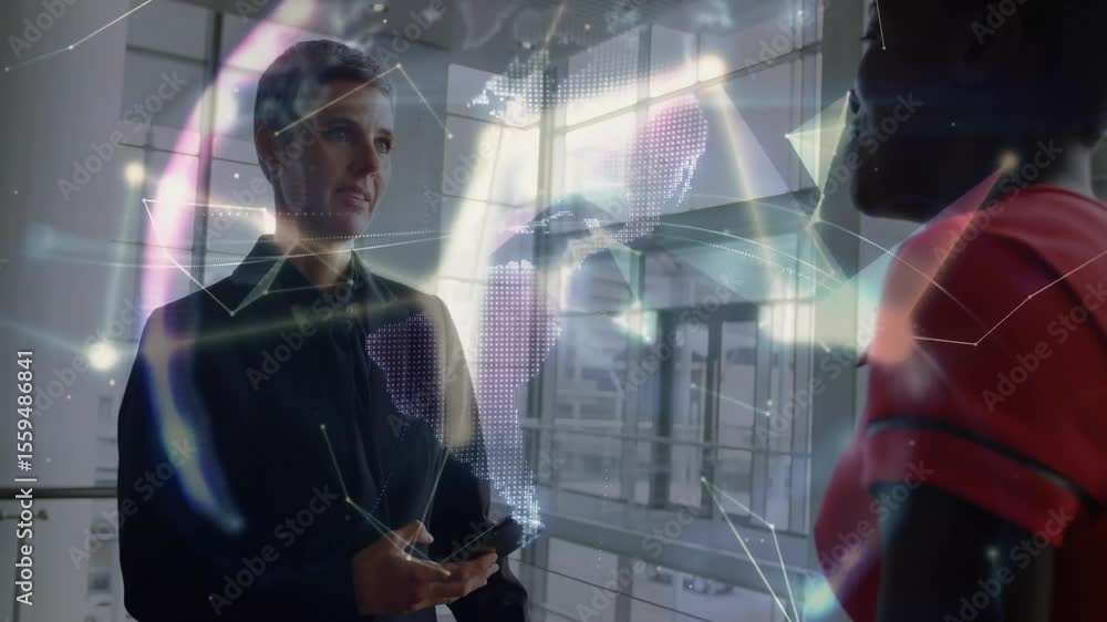 Poster senior exec tapping smartphone activating wireframe map and spinning 3d globe for business meeting