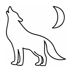 Black outline illustration of a howling wolf and crescent moon on white background