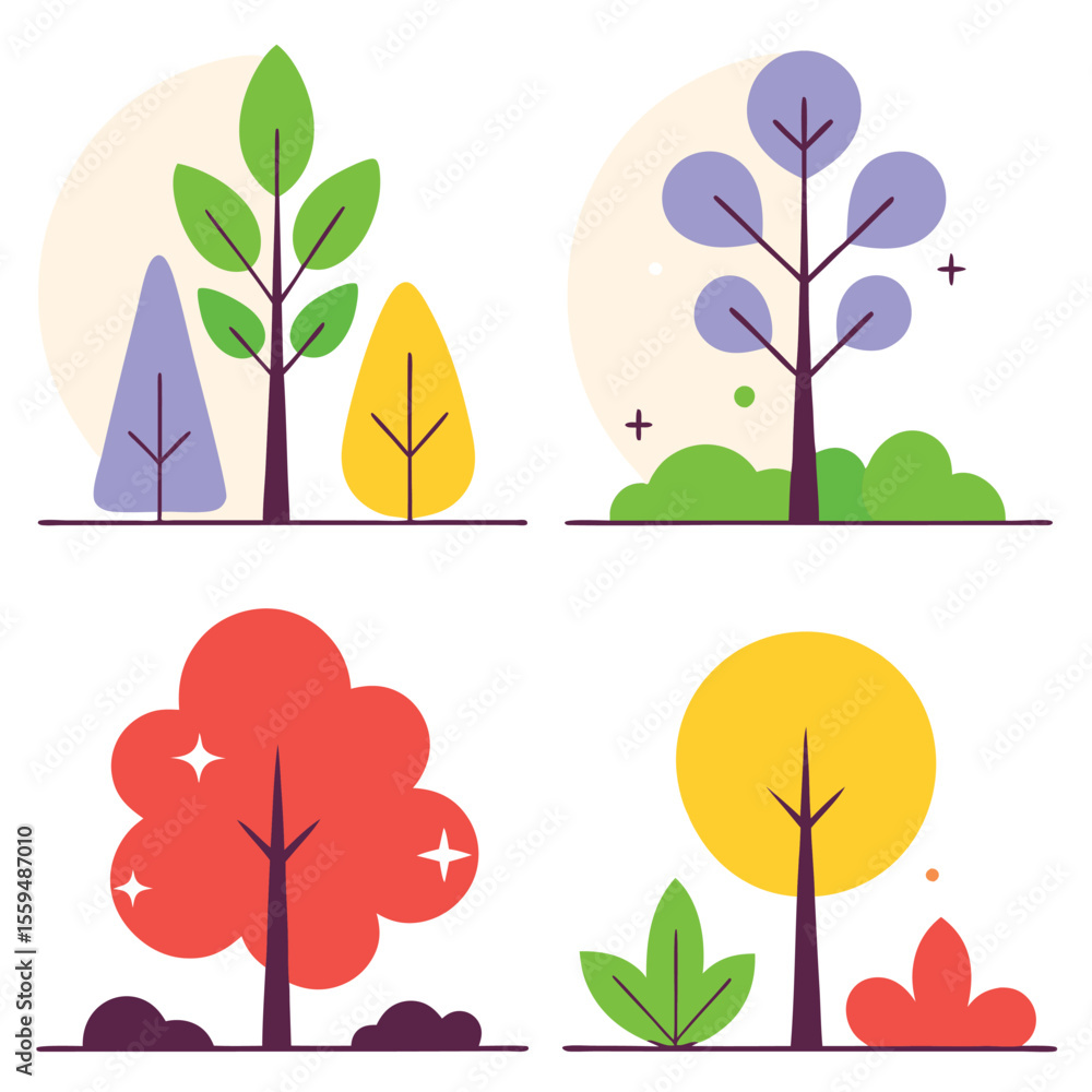 Poster collection of four stylized flat design trees in different colors and shapes