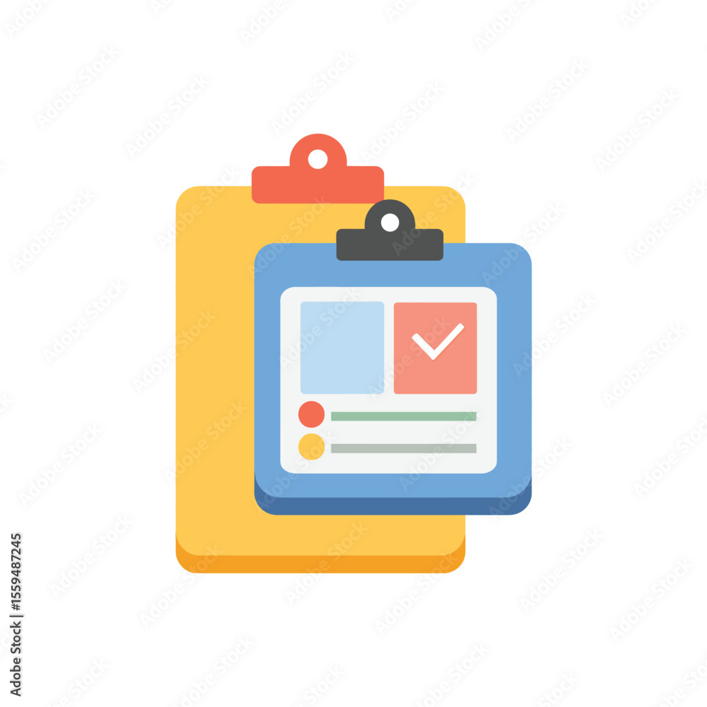 Poster two clipboards one yellow, one blue, showing document status with a checkmark element