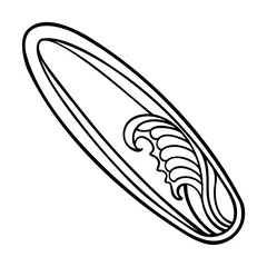 Black and white surfboard illustration with wave design on white background