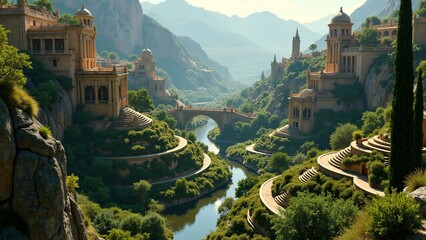 Obraz premium Scenic Mountain Valley With Ancient Architecture