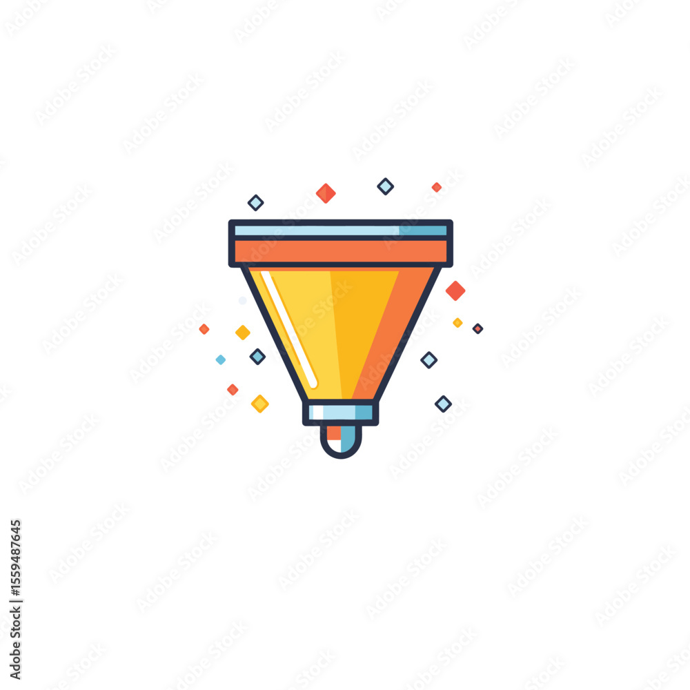 Poster yellow funnel icon with square elements around on a white background in flat design