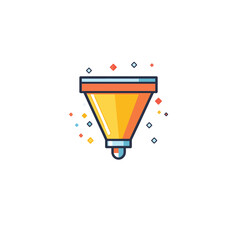 Yellow Funnel Icon with Square Elements around on a White Background in Flat Design